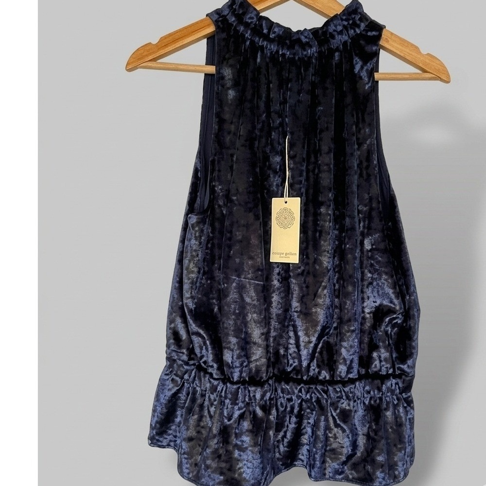 Ramy Brook Lonny NWT Navy Blue Crushed Velvet Smock High Neck Top Dark Coquette